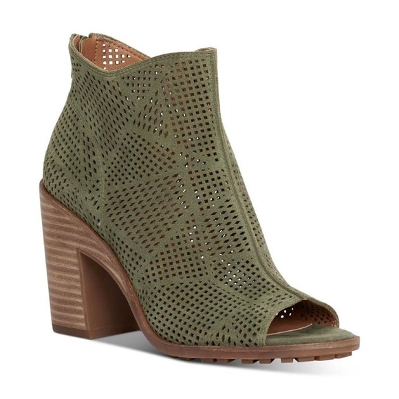 NIB Lucky Brand Vacob 9M Open Toe Perforated Block Heel Ankle Bootie Olive Suede - Picture 13 of 13